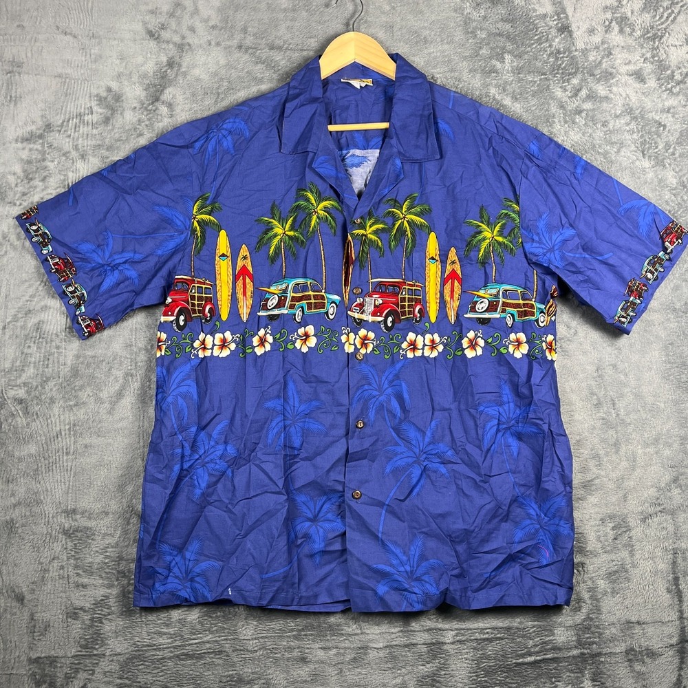 Winnie Fashion Hawaiian Shirt Mens 2XL Blue Tropical Surfboards Camp Collar